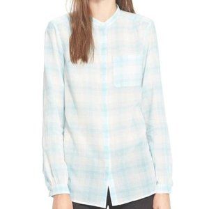 Burberry Brit blue plaid cotton banded collar shirt top S